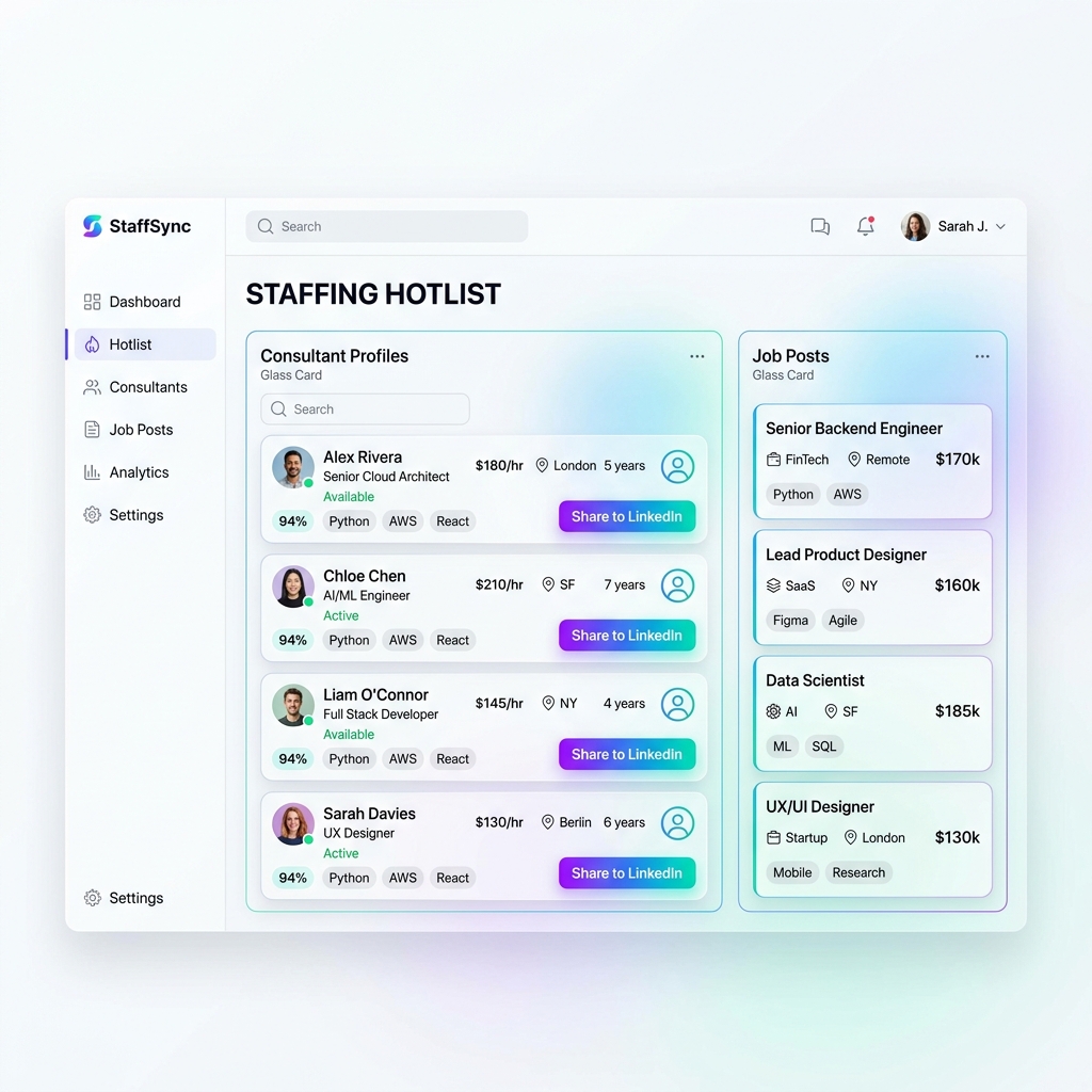 BenMyl hotlist dashboard listing available consultants with skills and availability
